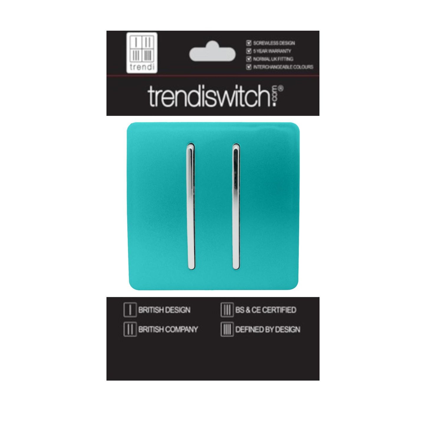 Trendi 2 Gang 2 Way 240V Screwless Artistic Modern Glossy 10 Amp Chrome Rocker Electrical Wall Light Switch in Bright Teal (2 pack)