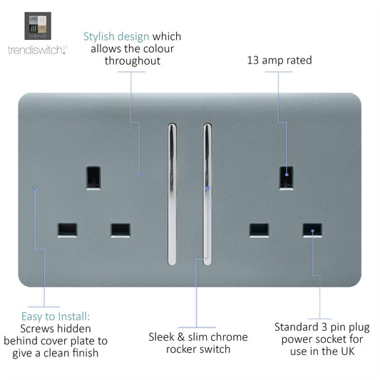 Trendi 2 Gang Raised Artistic Modern Glossy Screwless 13 Amp Single Pole with Chrome Switched UK Standard Electrical Double Wall Plug Socket in Cool Grey - ART-SKT213LCG