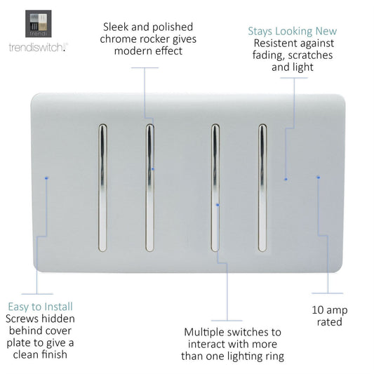 Trendi 4 Gang (2 Way & 3xIntermediate) Glossy 10 Amp Rocker Light Switch Silver