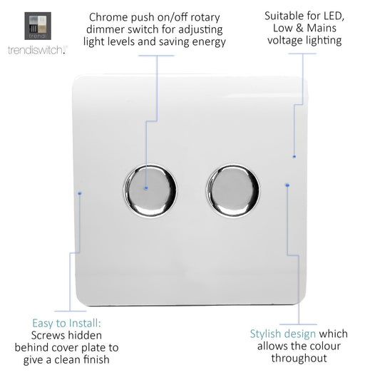 Trendi 2 Gang 2 Way 100w LED Dimmer Screwless 10 Amp Wall Light Switch in Matt White - ART-2LDMMWH