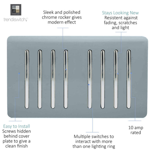 Trendi Artistic Modern Glossy 8 Gang 2 Way Rocker Double Plate Tactile Light Switch Cool Grey