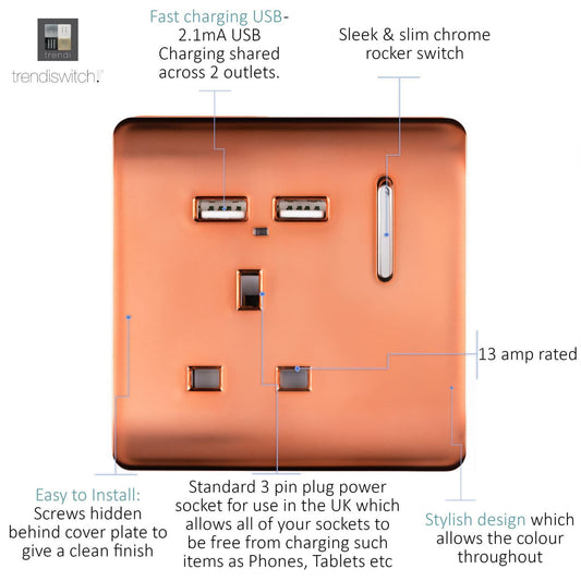 Trendi 1 Gang Artistic Modern Glossy 13 Amp 2x2.1mA USB Switched Tactile Copper