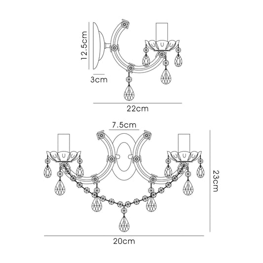 Deco Gabrielle Wall Light 2 Light E14 with Glass Sconce & Glass Droplets/Polished Chrome