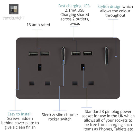 Trendi 2 Gang Artistic Modern Glossy 13 Amp 4x2.1mA USB Switched Tactile Plug Socket Dark Brown