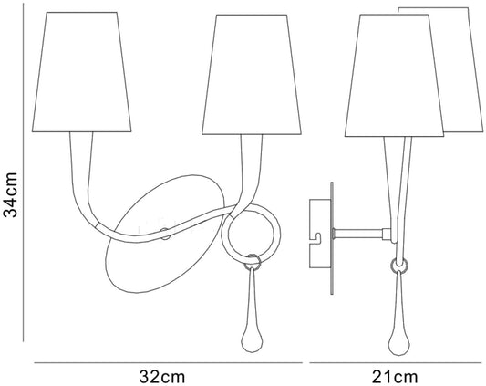 Mantra M0537/S Paola Wall Light Switched 2 Light E14, Silver Painted with Black Shades & Black Glass Droplets - M0537/S