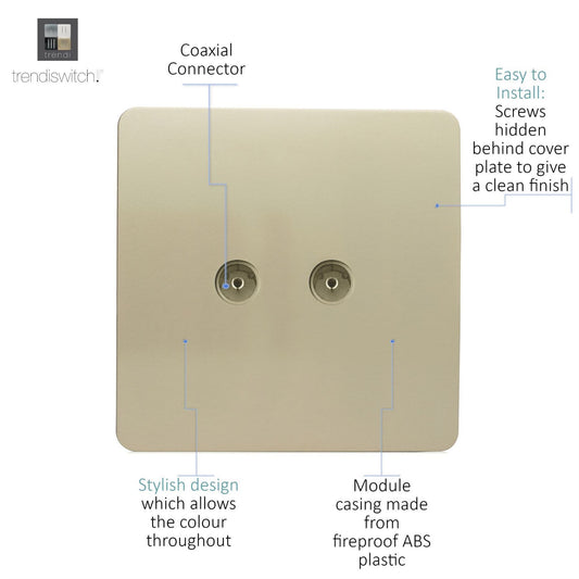 Trendi Artistic Modern Glossy Tactile TV 2 Gang Socket Gold ART-2TVSGO