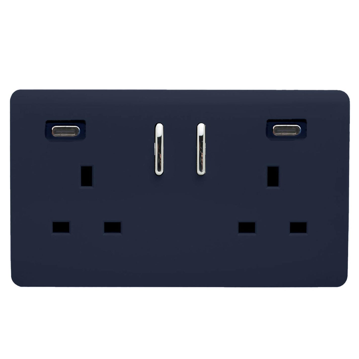 Navy Blue Screwless 2 Gang Switched Double Socket 13A With 2 x USB-C 65W (Shared), (35mm Back Box Req.), 10yrs Warranty