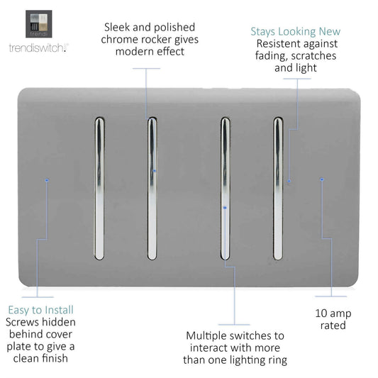 Trendi 4 Gang (2 Way & 2xIntermediate) Glossy 10 Amp Rocker Light Switch Light Grey
