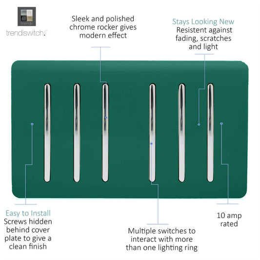 Trendi Artistic Modern Glossy 6 Gang 2 Way Rocker Double Plate Tactile Light Switch Dark Green