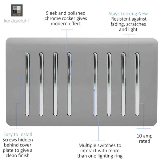 Trendi Artistic Modern Glossy 8 Gang 2 Way Rocker Double Plate Tactile Light Switch Light Grey