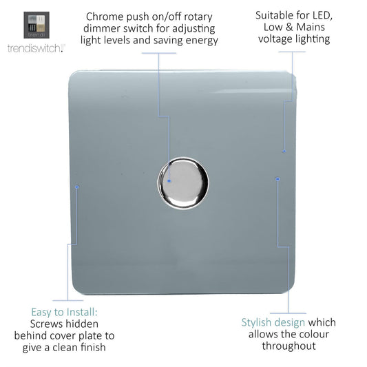 Trendi 1 Gang 2 Way 240V 100w LED Dimmer Screwless Raised Front Plate Plastic Artistic Modern Glossy 10 Amp Chrome Single Electrical Wall Light Switch in Cool Grey - ART-LDMCG