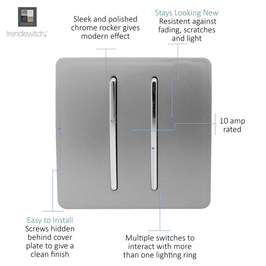 Trendi 2 Gang (2 Way & 3 way Intermediate) 240V Screwless Raised Front Plate Plastic Artistic Modern Glossy 10 Amp Chrome Rocker Double Electrical Wall Light Switch Light Grey - ART-SS29LG