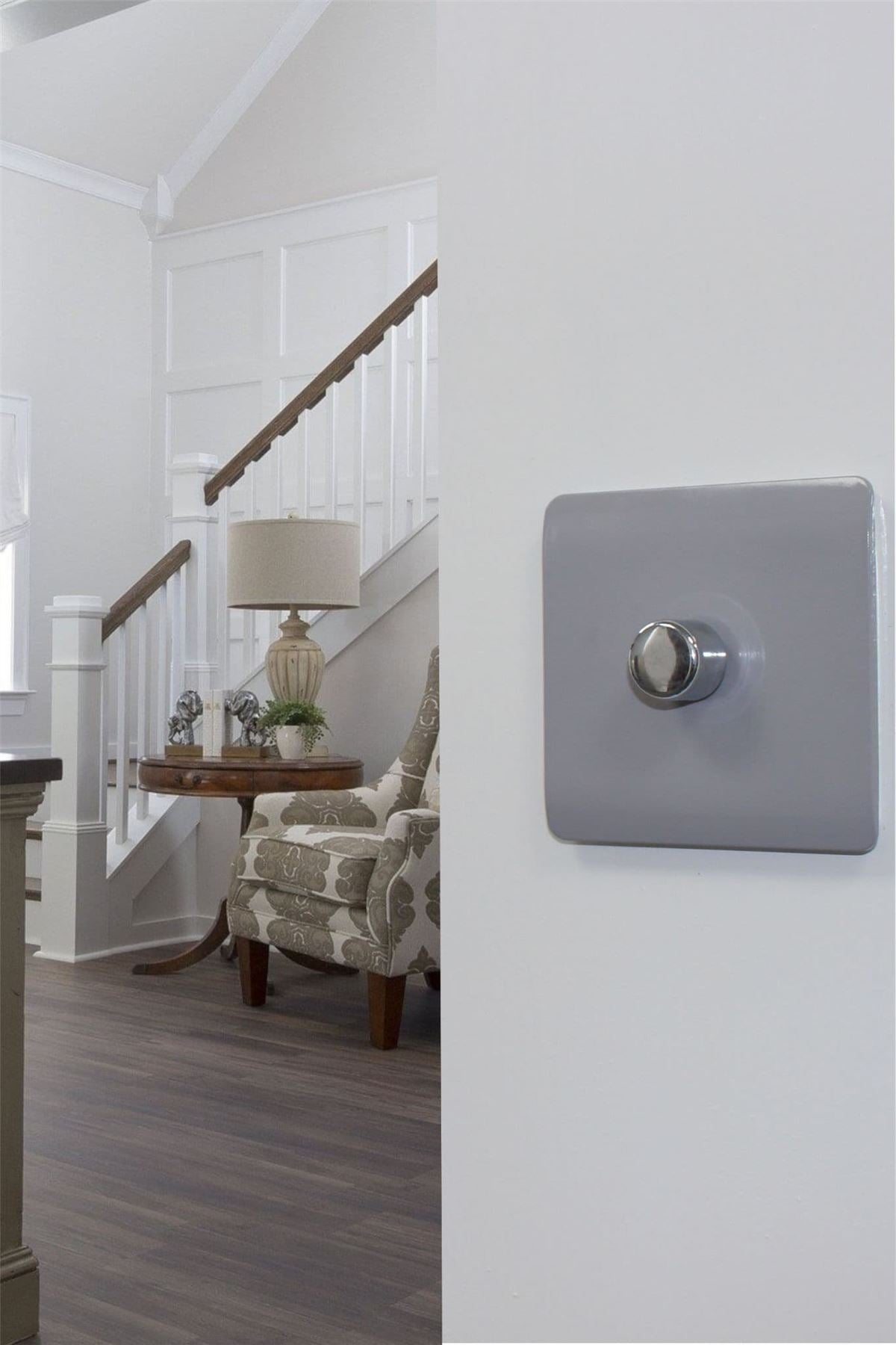 Trendi 1 Gang 2 Way 240V 100w LED Dimmer Screwless Raised Front Plate Plastic Artistic Modern Glossy 10 Amp Chrome Single Electrical Wall Light Switch in Platinum Silver - ART-LDMSI