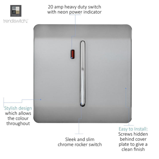 Trendi Artistic Modern Glossy 20 A Tactile Light Switch & Neon Insert Stainless Steel