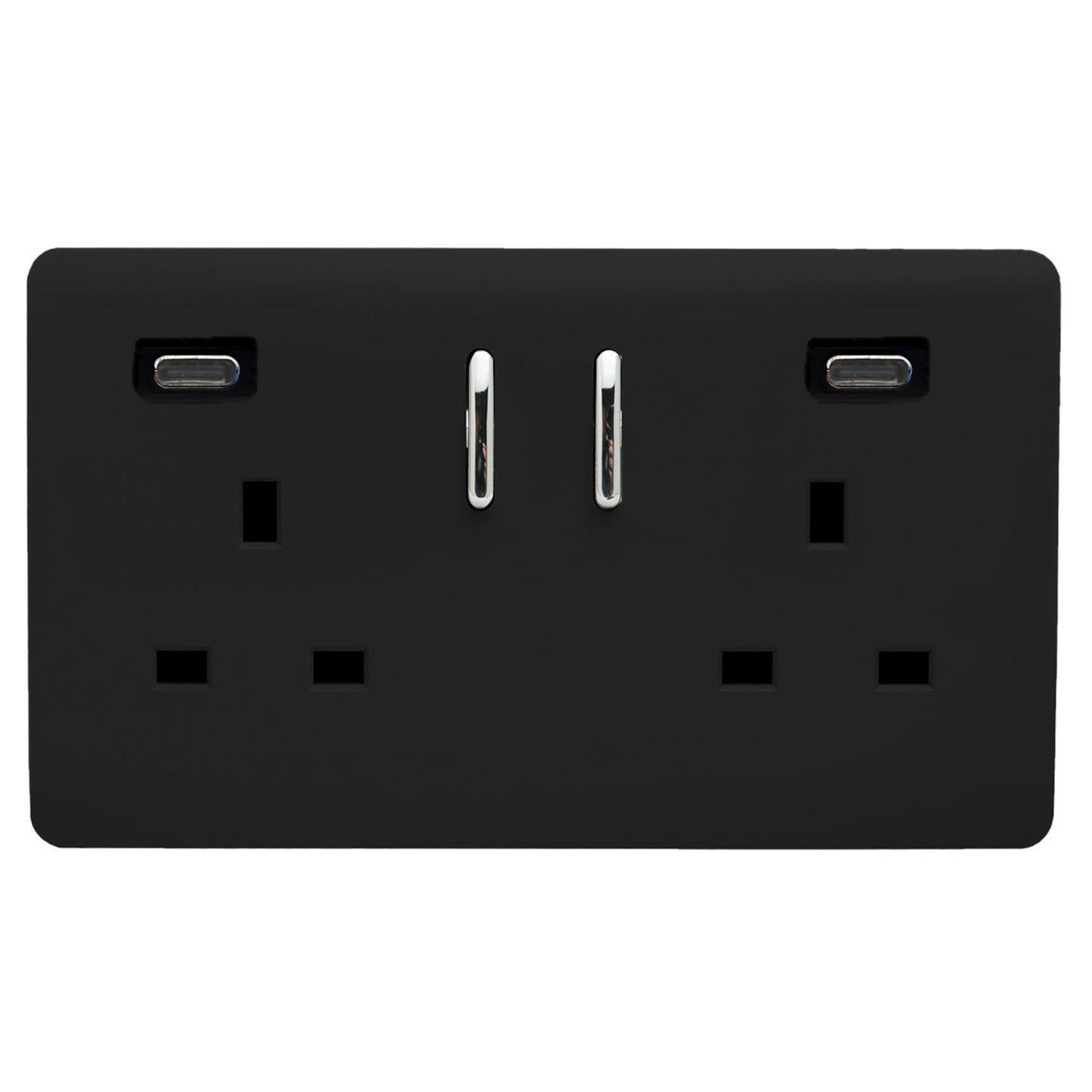 Piano Black Screwless 2 Gang Switched Double Socket 13A With 2 x USB-C 45W (Shared), (35mm Back Box Req.), 10yrs Warranty