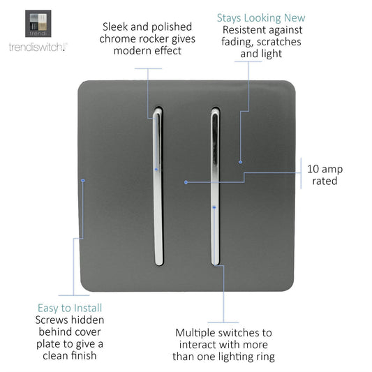 Trendi 2 Gang (2 Way & 3 way Intermediate) 240V Screwless Raised Front Plate Plastic Artistic Modern Glossy 10 Amp Chrome Rocker Double Electrical Wall Light Switch Charcoal Grey - ART-SS29CH