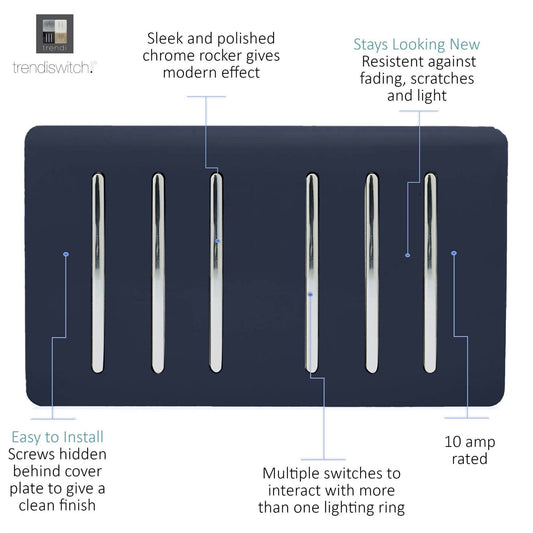 Trendi Artistic Modern Glossy 6 Gang 2 Way Rocker Double Plate Tactile Light Switch Navy