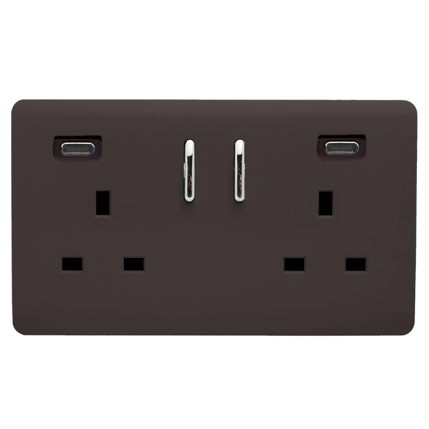 Dark Brown Screwless 2 Gang Switched Double Socket 13A With 2 x USB-C 24W (Shared), (35mm Back Box Req.), 10yrs Warranty
