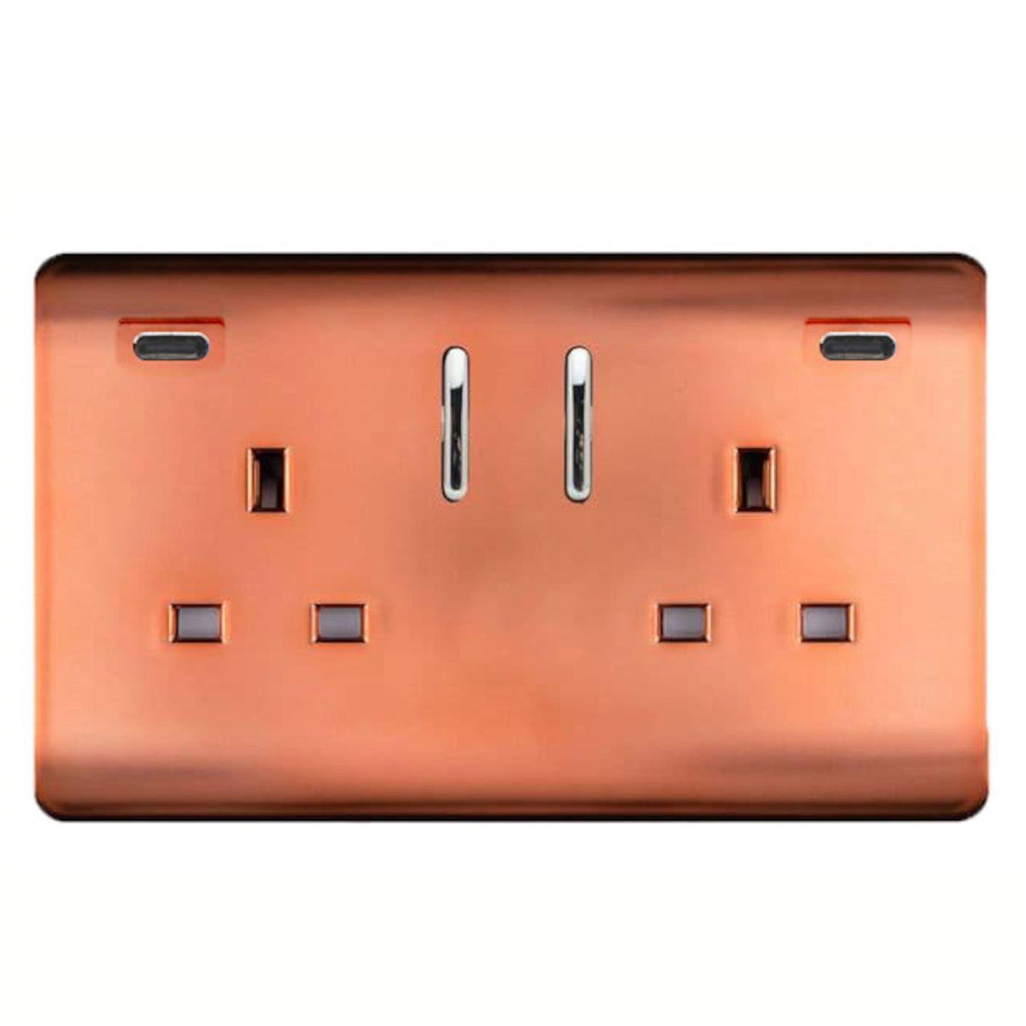 Copper Screwless 2 Gang Switched Double Socket 13A With 2 x USB-C 45W (Shared), (35mm Back Box Req.), 10yrs Warranty