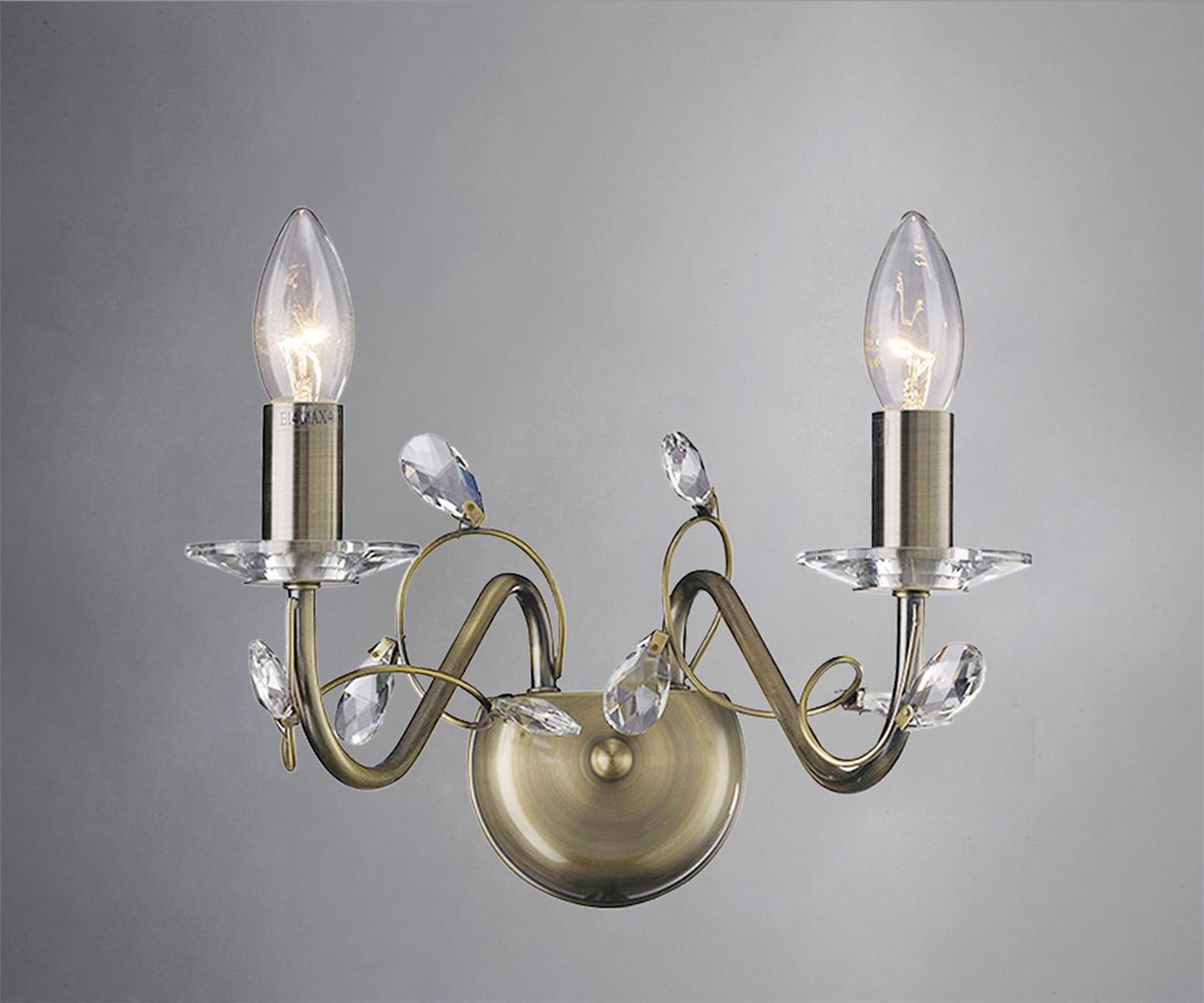 Diyas Willow Wall Light WITHOUT SHADE 2 Light E14 Antique Brass/Crystal