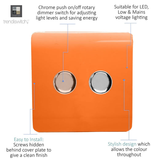 Trendi 2 Gang 2 Way 240V 100w LED Dimmer Screwless Raised Front Plate Plastic Artistic Modern Glossy 10 Amp Chrome Single Electrical Wall Light Switch in Sunset Orange - ART-2LDMOR
