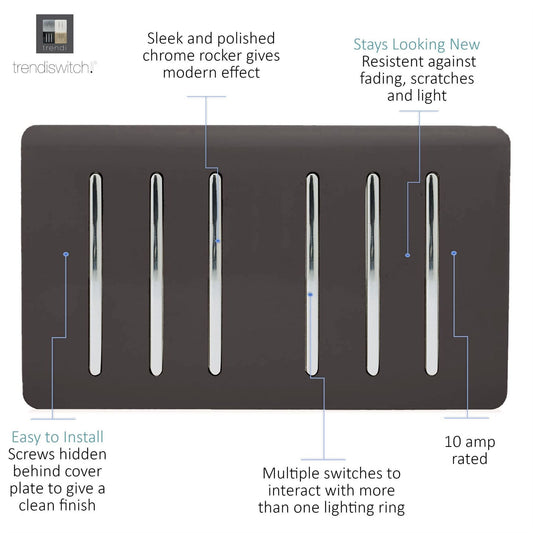 Trendi Artistic Modern Glossy 6 Gang 2 Way Rocker Double Plate Tactile Light Switch Dark Brown