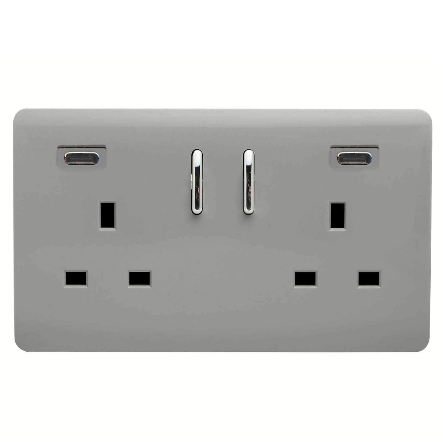 Light Grey Screwless 2 Gang Switched Double Socket 13A With 2 x USB-C 65W (Shared), (35mm Back Box Req.), 10yrs Warranty