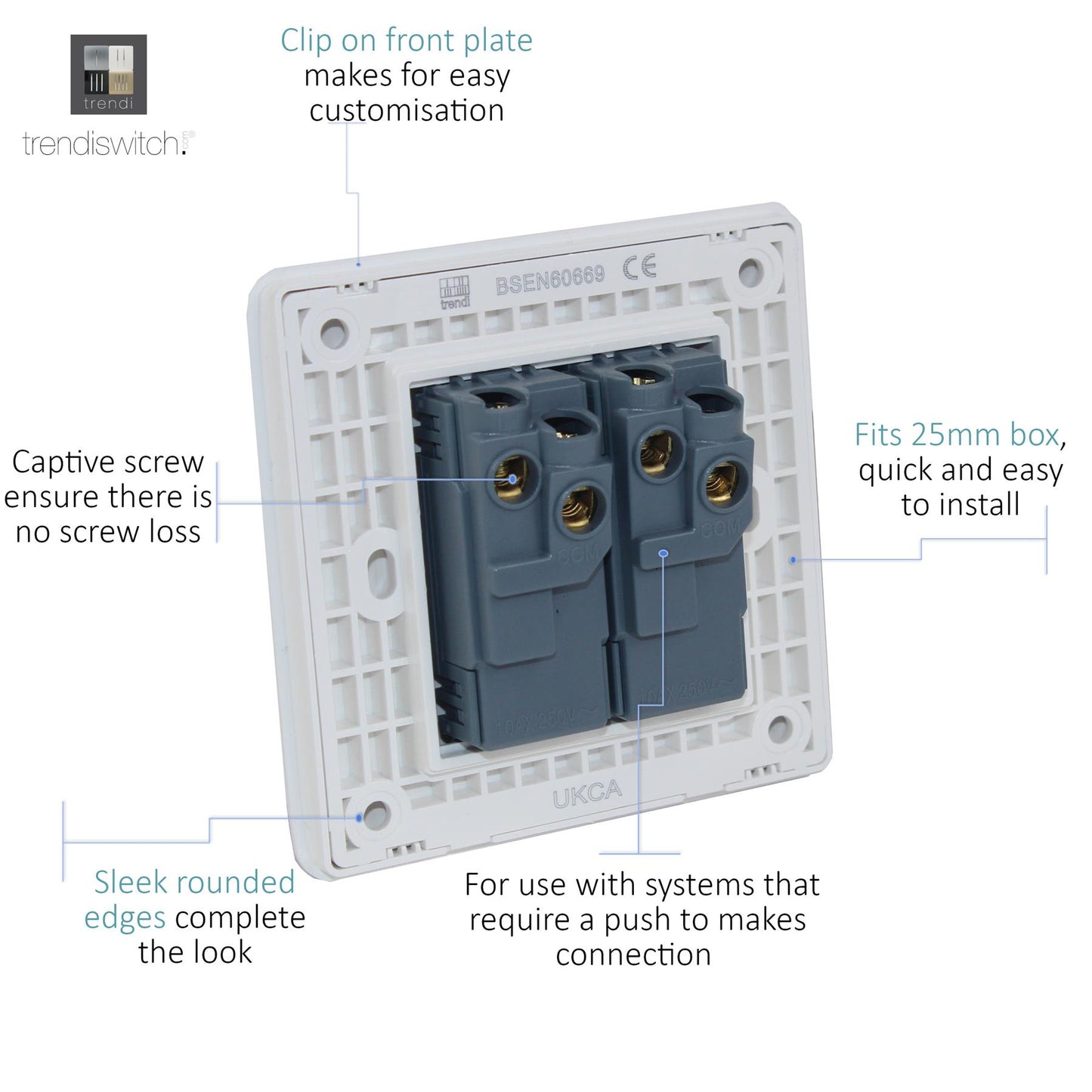Trendi Switch 2 Gang Retractive Home Automation Switch in Matt White - ART-SSR2MWH