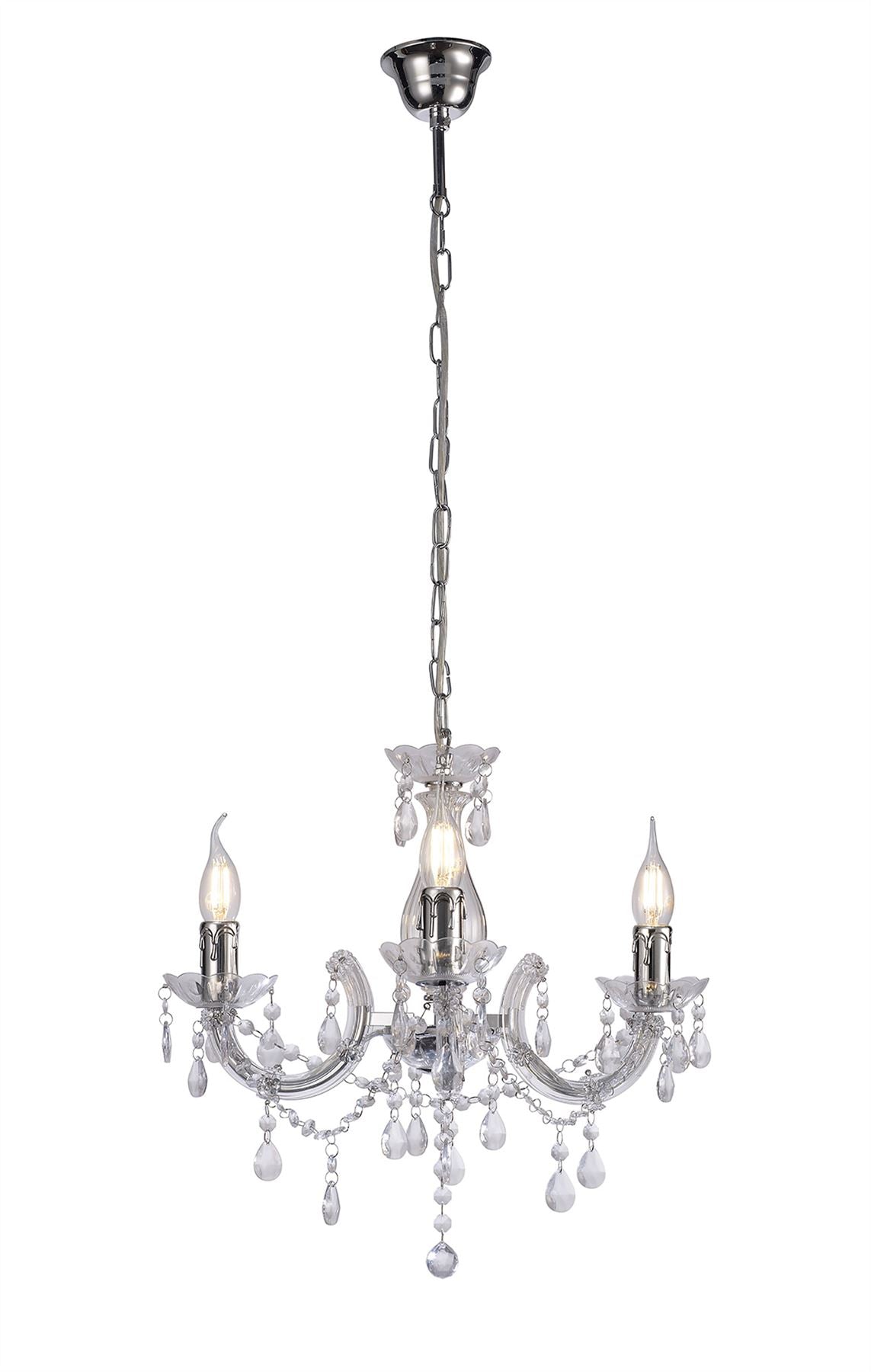 Deco Floria Chandelier with Acrylic Sconce & Acrylic Droplets 3 Light E14 Polished Chrome Finish