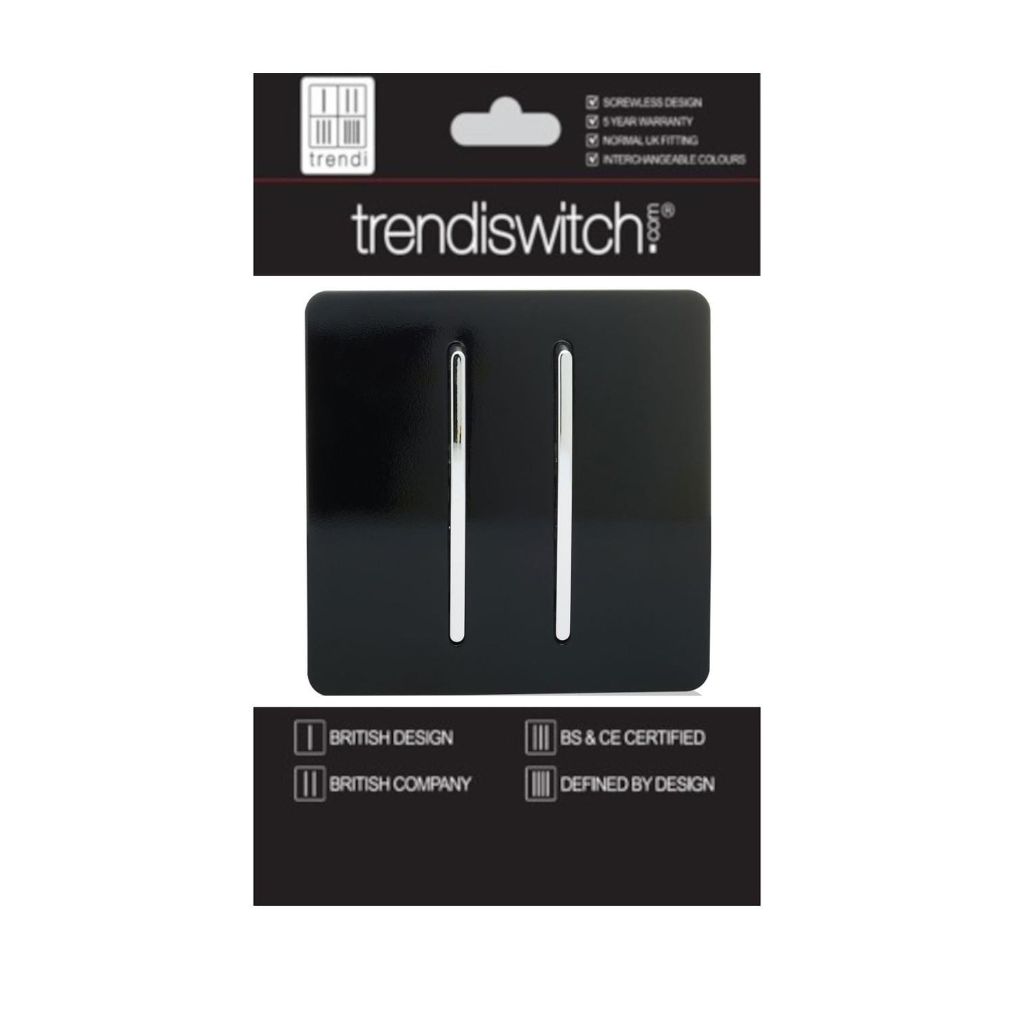 Trendi 2 Gang 2 Way 240V Screwless Artistic Modern Glossy 10 Amp Chrome Rocker Electrical Wall Light Switch in Piano Black (2 pack)