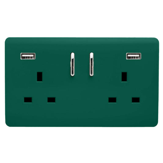 Trendi 2 Gang Artistic Modern Glossy 13 Amp 2 x 3.1mA USB Switched Plug Socket Dark Green