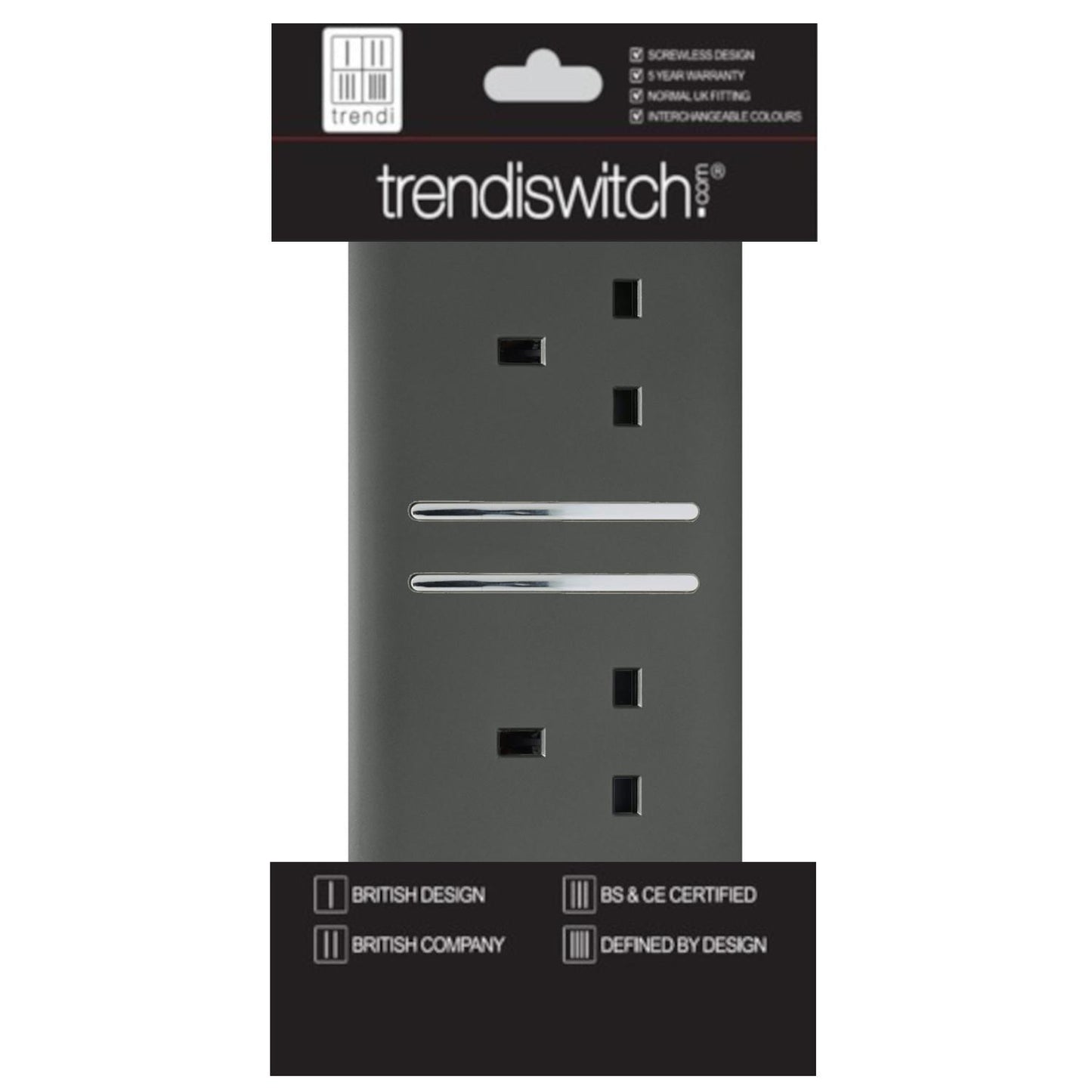Trendi 2 Gang Artistic Modern Glossy 13 Amp Switched Tactile Plug Socket Charcoal (7 Pack)
