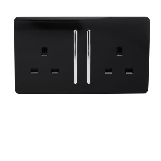 Trendi 2 Gang Artistic Modern Glossy 13 Amp Switched Plug Socket Piano Black (7 Pack)