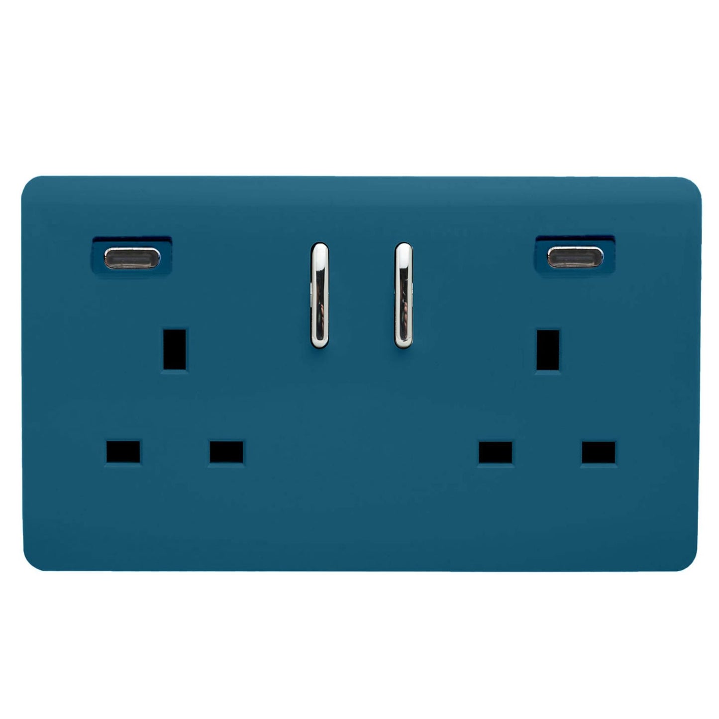 Ocean Blue Screwless 2 Gang Switched Double Socket 13A With 2 x USB-C 65W (Shared), (35mm Back Box Req.), 10yrs Warranty