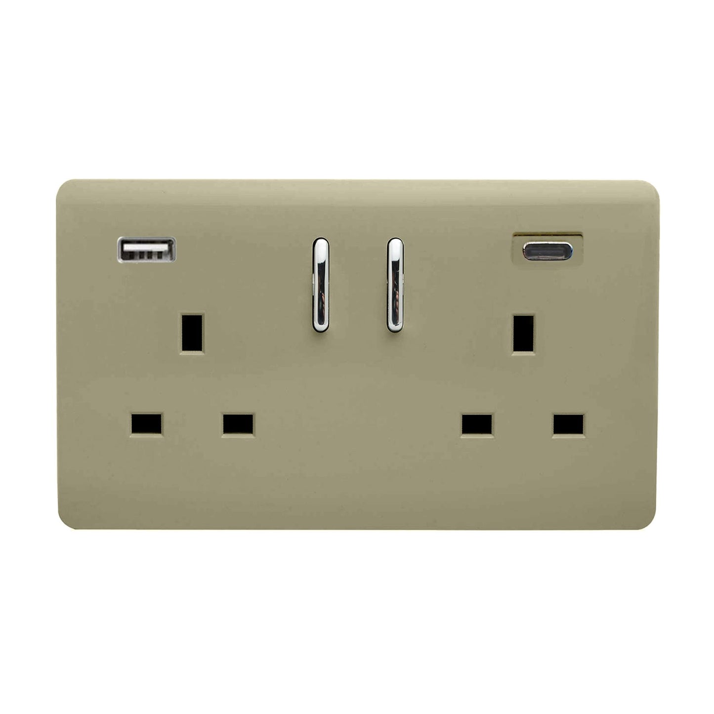 Champagne Gold Screwless 2 Gang Switched Double Socket 13A With 1 x USB-A & 1 x USB-C 65W (Shared), (35mm Back Box Req.), 10yrs Warranty