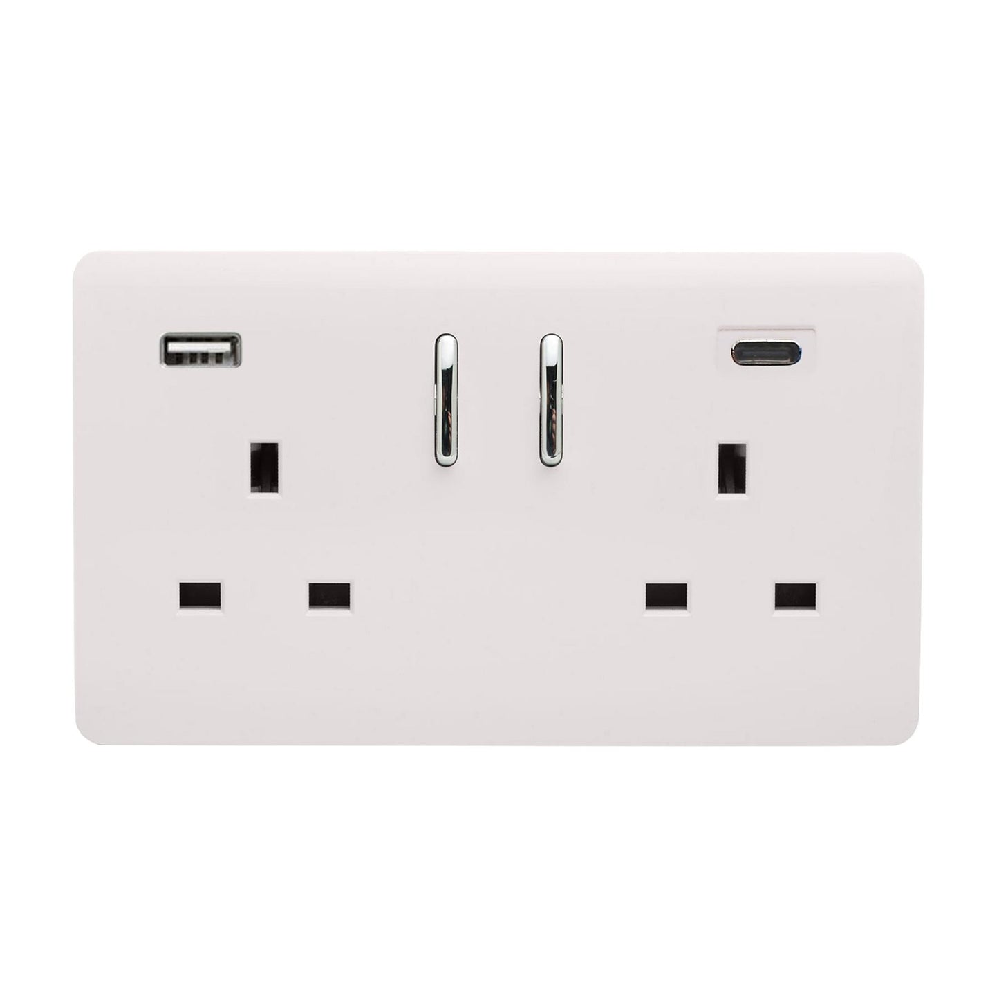 Ice White Screwless 2 Gang Switched Double Socket 13A With 1 x USB-A & 1 x USB-C 65W (Shared), (35mm Back Box Req.), 10yrs Warranty