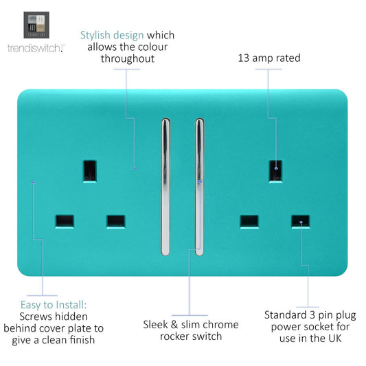 Trendi 2 Gang Raised Artistic Modern Glossy Screwless 13 Amp Single Pole with Chrome Switched UK Standard Electrical Double Wall Plug Socket in Bright Teal - ART-SKT213LBT