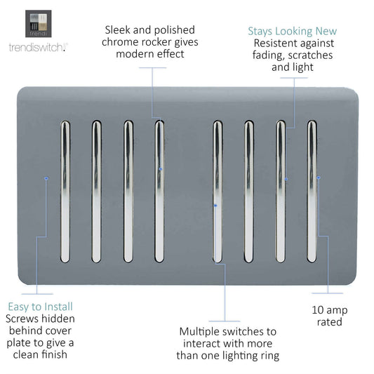 Trendi Artistic Modern Glossy 8 Gang 2 Way Rocker Double Plate Tactile Light Switch Warm Grey