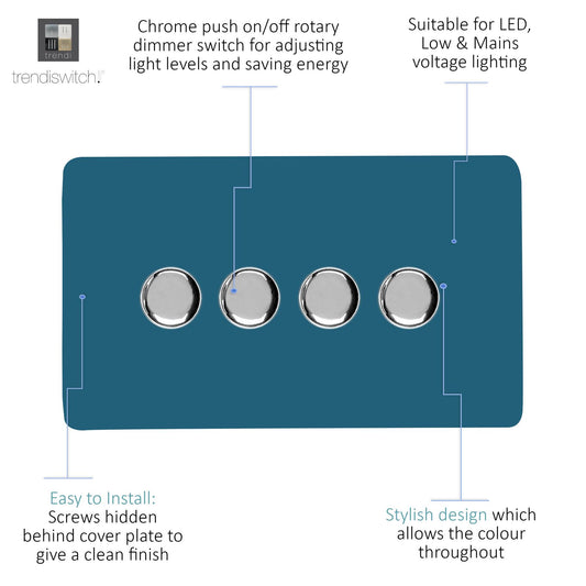 Trendi 4 Gang 2 Way 240V 100w LED Dimmer Screwless Raised Front Plate Plastic Artistic Modern Glossy 10 Amp Chrome Single Electrical Wall Light Switch in Ocean Blue - ART-4LDMOB