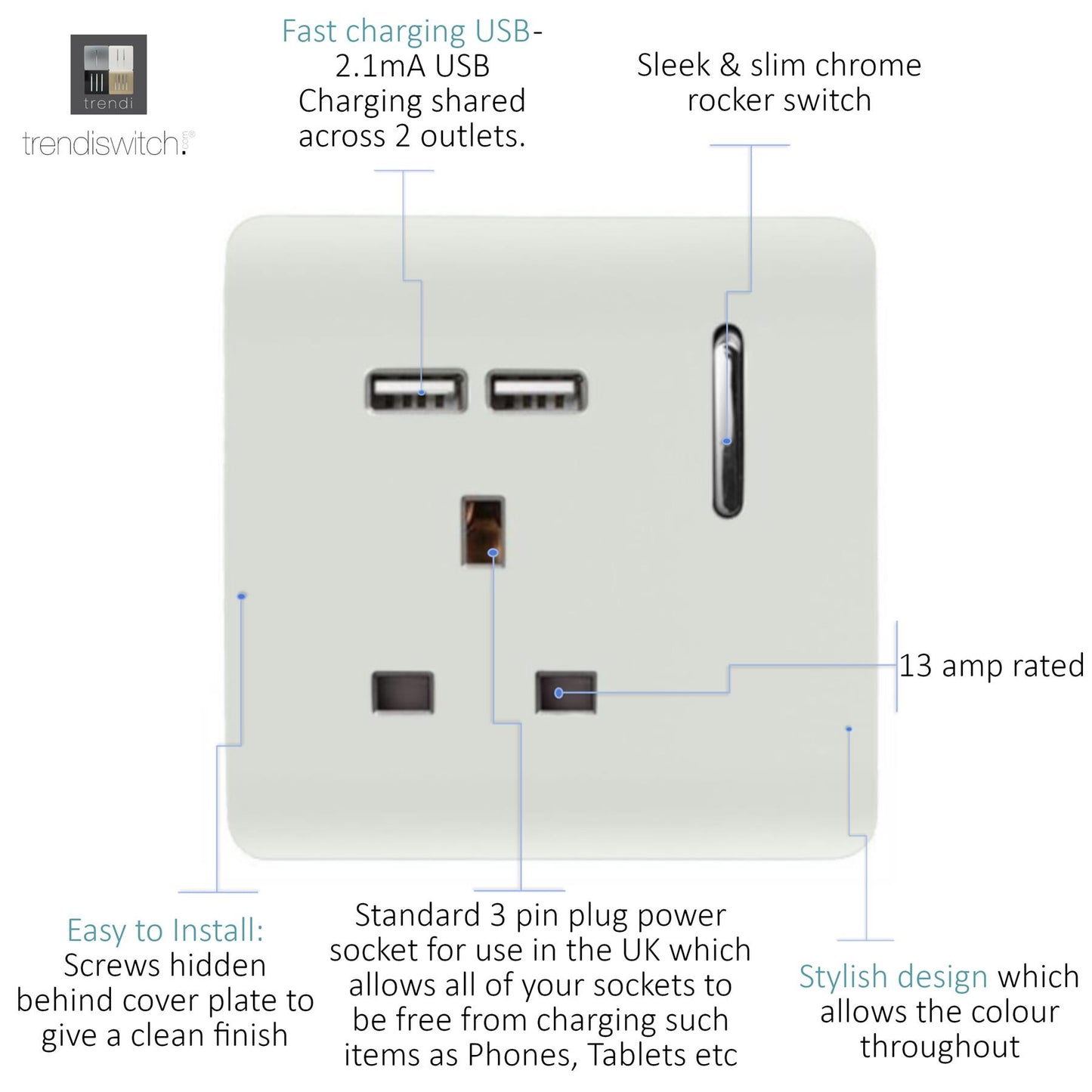 Trendi 1 Gang 13 Amp 2x2.1mA USB Switched Plug Socket in Matt White - ART-SKT13USBMWH