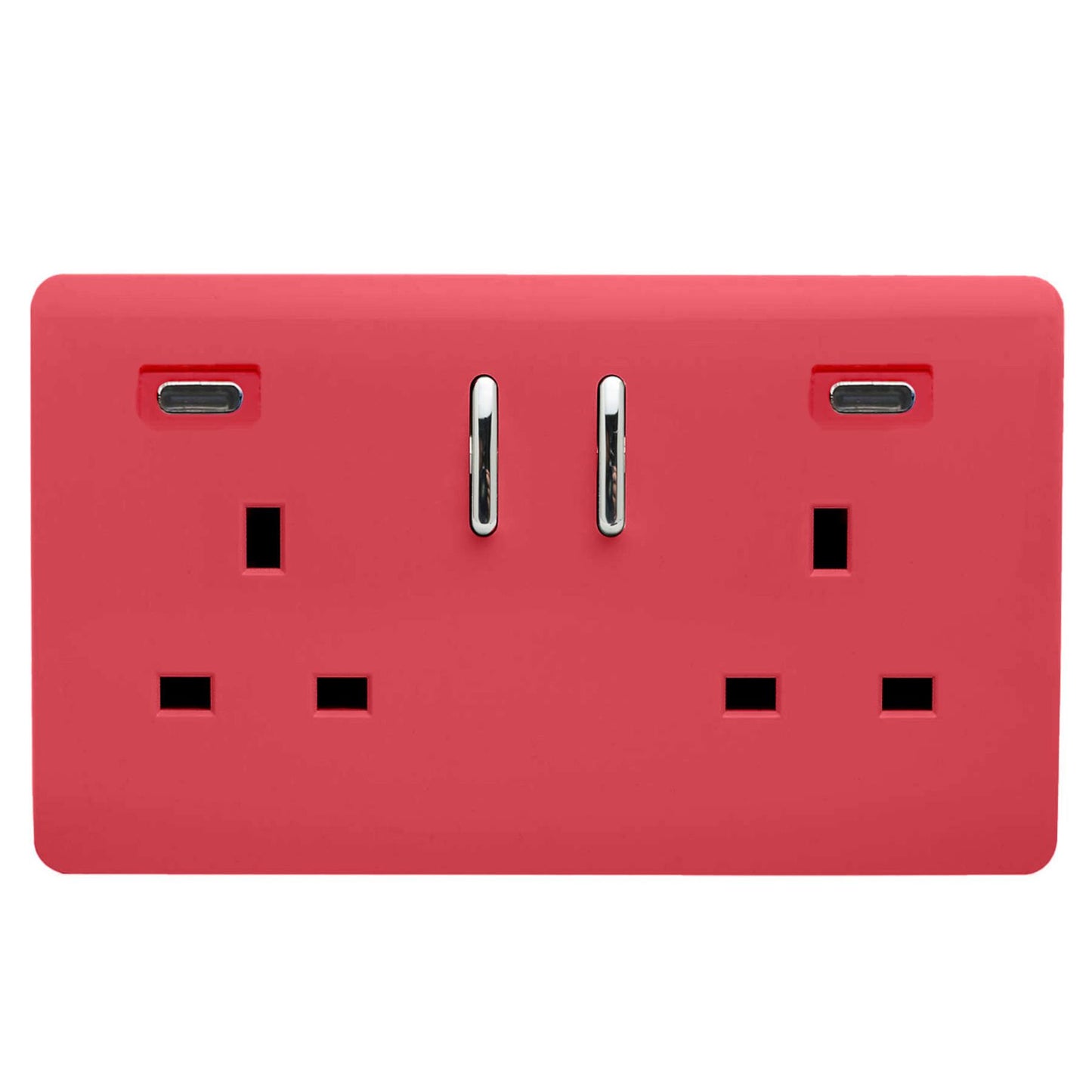 Strawberry Screwless 2 Gang Switched Double Socket 13A With 2 x USB-C 45W (Shared), (35mm Back Box Req.), 10yrs Warranty
