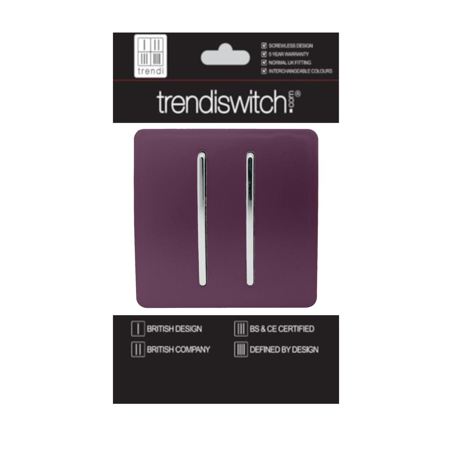 Trendi 2 Gang 2 Way 240V Screwless Artistic Modern Glossy 10 Amp Chrome Rocker Electrical Wall Light Switch in Plum Purple (2 pack)