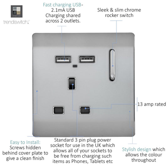 Trendi 1 Gang Artistic Modern Glossy 13 Amp 2 x 2.1mA USB Switched Plug Socket Stainless Steel