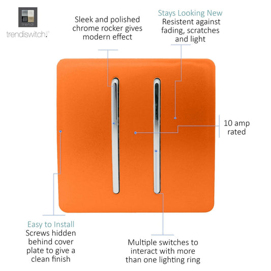 Trendi 2 Gang (2 Way & 3 way Intermediate) 240V Screwless Raised Front Plate Plastic Artistic Modern Glossy 10 Amp Chrome Rocker Double Electrical Wall Light Switch Sunset Orange- ART-SS29OR