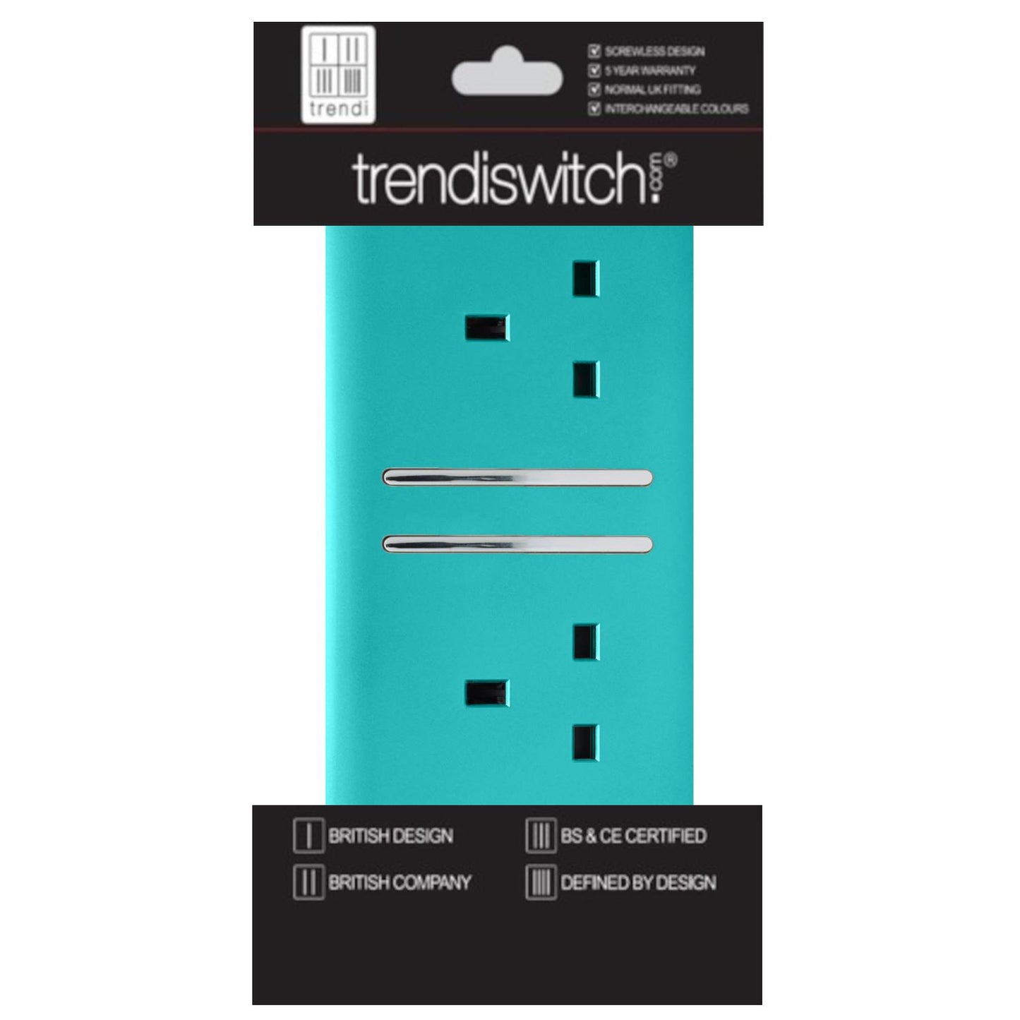 Trendi 2 Gang Artistic Modern Glossy 13 Amp Switched Plug Socket Bright Teal (7 Pack)