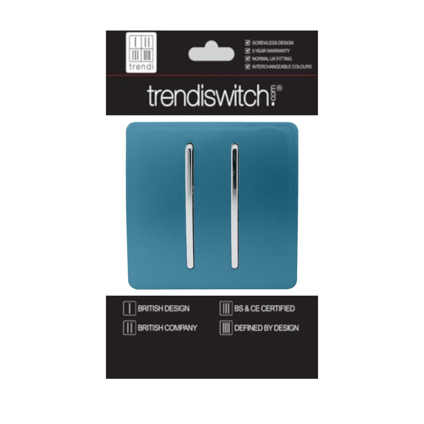 Trendi 2 Gang 2 Way 240V Screwless Artistic Modern Glossy 10 Amp Chrome Rocker Electrical Wall Light Switch in Ocean Blue (2 pack)