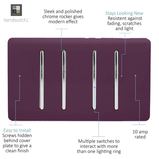 Trendi 4 Gang (2 Way & 1x Intermediate) Glossy 10 Amp Rocker Light Switch Plum