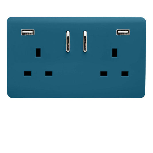 Trendi 2 Gang Artistic Modern Glossy 13 Amp 2 x 3.1mA USB Switched Plug Socket Ocean Blue