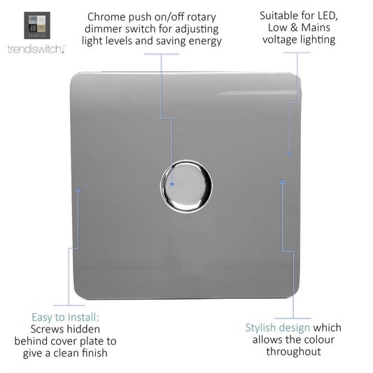 Trendi 1 Gang 2 Way 240V 100w LED Dimmer Screwless Raised Front Plate Plastic Artistic Modern Glossy 10 Amp Chrome Single Electrical Wall Light Switch in Light Grey - ART-LDMLG