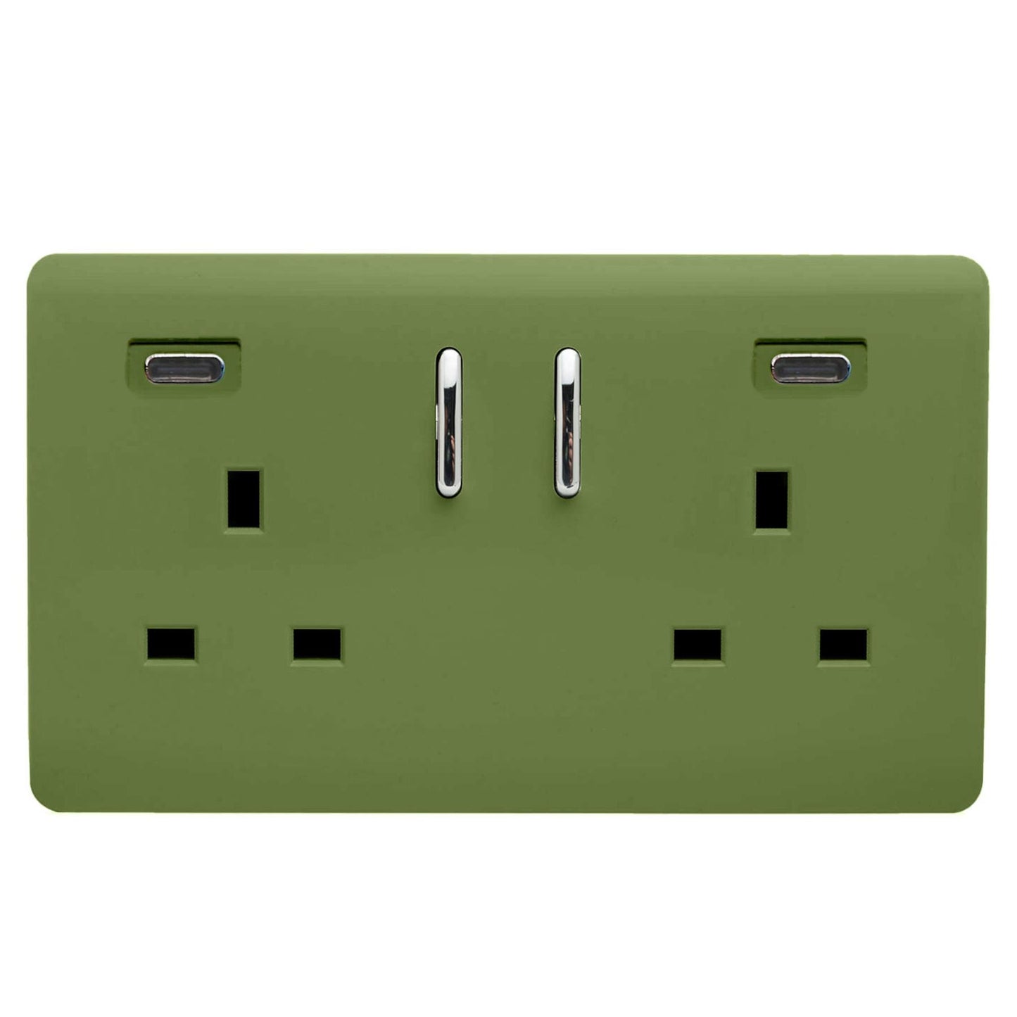 Moss Green Screwless 2 Gang Switched Double Socket 13A With 2 x USB-C 45W (Shared), (35mm Back Box Req.), 10yrs Warranty